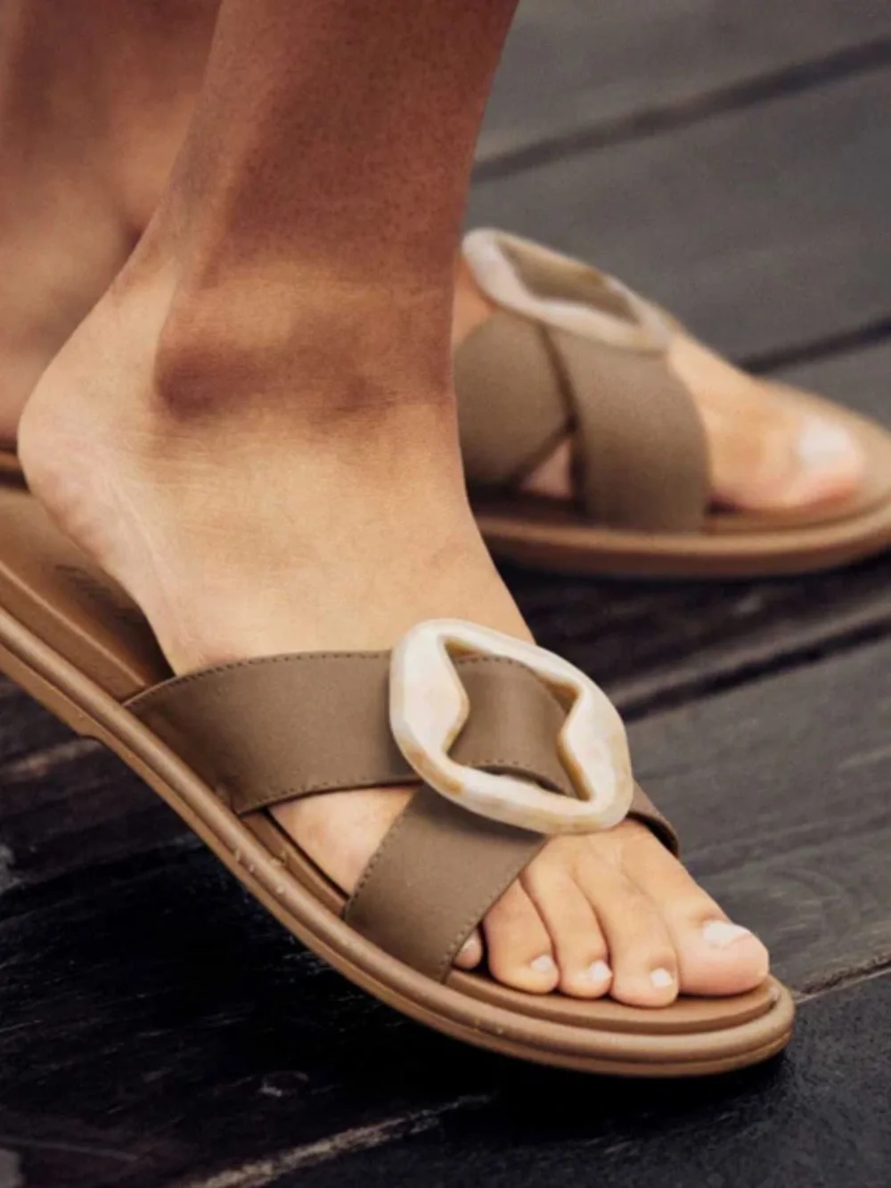Olukai Women’s Tan Slide Sandals with Decorative Buckle - Picture 3 of 3